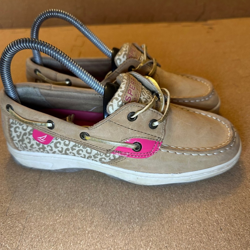 Sperry Bluefish‎ 2 Eye Boat Shoes Tan Leopard Pink Leather Womens 4M YG52438